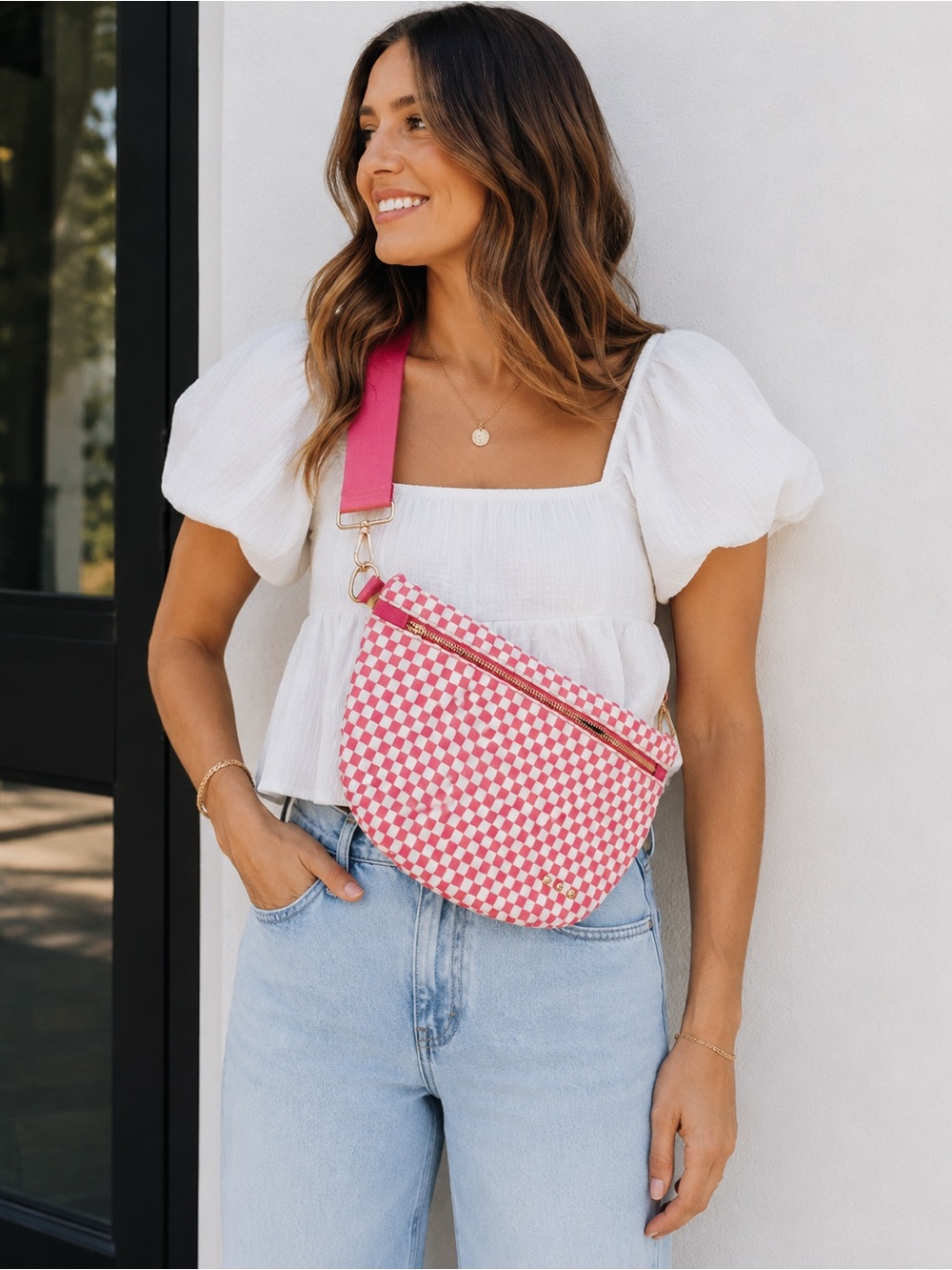 Pretty Simple Westlyn Woven Bum Bag Vegan Leather Checkered Pink High Quality